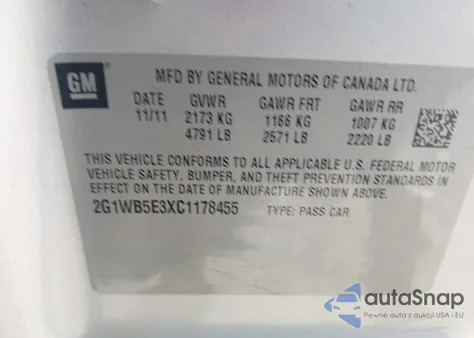 2012 Chevrolet Impala Lt from USA, damaged, VIN 2G1WB5E3XC1178455